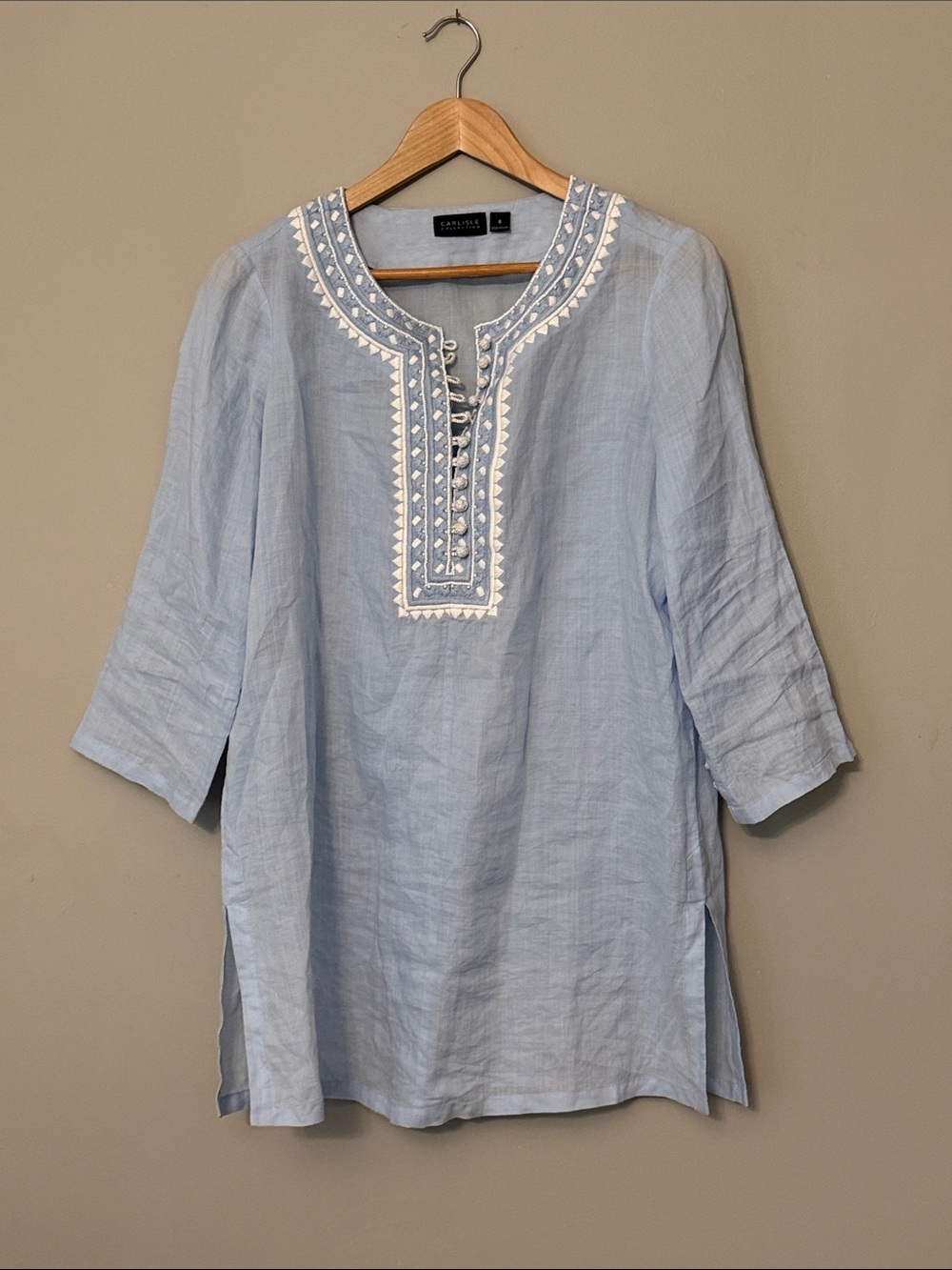 Carlisle Collection 100% Ramie Tunic Top Blue White Embroidered Size 6